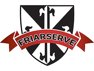 The FriarServe logo- the word Friarserve over a read banner and underneath that a black and white shield